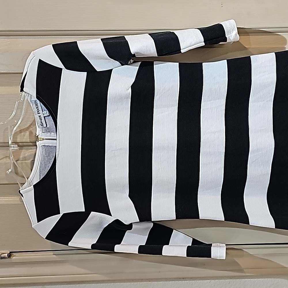 Almost Famous Black White Striped Midi Dress with Pink Band - Picture 2 of 7